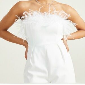 Altar'd State White Strapless Feather-Trim Jumpsuit